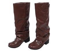 VILLCASE Women’s Mid Calf Brown PU Cowgirl Boots Vintage Western Knee High Slouchy Calf High Boots for Casual Dress and Country Dancing, Size 39