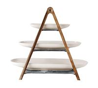 Villeroy & Boch - Artesano Original Cake Stand Large, 3-Tier Etagere 4 Pieces, Dishwasher Safe, Made from Natural Materials, Premium Porcelain/Natural Slate/Wood