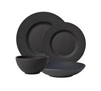 Villeroy & Boch Manufacture Rock 4-Piece Place Setting, Black | Premium porcelain place setting, made in Germany, dishwasher and microwave safe, has a slate-inspired look