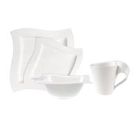 Villeroy & Boch New Wave 4-Piece Place Setting Dinner, Salad Plate, Bowl, and Mug - Premium Porcelain Dinnerware, White