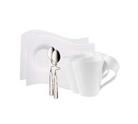 Villeroy & Boch New Wave Cappuccino Set, 6 Pieces, Coffee Cup, Premium Porcelain Saucer, Stainless Steel Spoon for 2 People, Dishwasher Safe, White