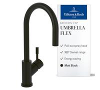 Villeroy & Boch Umbrella Flex Kitchen Faucet, High Pressure Kitchen Tap with Pull Out and 360° Swivel, Water-Saving Sink Faucet, Spout Height 220mm, Matte Black