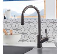 Villeroy & Boch Umbrella Flex Stainless Steel Pull-Out Kitchen Mixer Tap, Deck-Mounted, High Spout (220 mm), Black