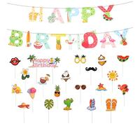 VILLFUL 1 Set Hawaii Theme Party Decorations Hawaiian Happy Birthday Banner Cake Toppers for Beach Birthday Celebrations Safe High Grade Material Creates Festive Atmosphere