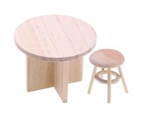 VILLFUL 1 Set Tiny House Table Stool Wooden Furniture Models for Dollhouse Layout Space Saving Design Classic Round Shape Solid Wood Miniature Accessories