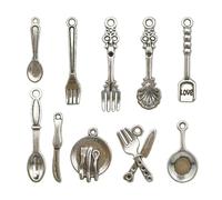 VILLFUL 100pcs Antique Silver Tableware Charms Spoon Fork Dish Pendants for DIY Jewelry Craft Supplies Necklace and Bracelet Accessories