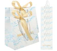 VILLFUL 10pcs Marble Pattern Bags with Blue Base and Golden Bow, Wedding Candy Favor Bags for Bridal Party, Shower, and Hotel Welcome