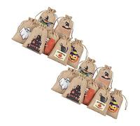 VILLFUL 24pcs Halloween Linen Drawstring Bags with Themed Prints Reusable Gift Pouches for Party Supplies Candy Snacks and Treat Packaging