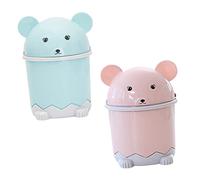 VILLFUL 2Pcs Desktop Trash Bucket with Push Top Lid Wear Resistant Cartoon Garbage Cans for Home Office Bathroom Household Waste Bins in Blue and Pink