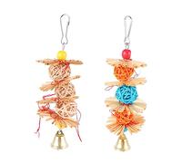 VILLFUL 2pcs Parrot Bird Bite Hanging Rattan Balls with Bell for Small to Medium Birds and Natural Designs Durable Chew and Play Pendant for Cockatiels Parakeets African Grey Random Color