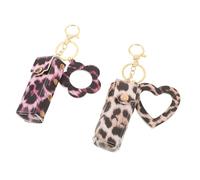 VILLFUL 2pcs Portable Leopard Print PU Leather Lipstick Organizer Pouch with Mirror and Keychain Snap Button Compact Travel Makeup Case for Women Heart Khaki Floral Pink