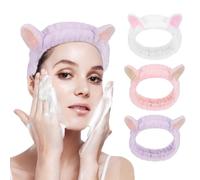 VILLFUL 3pcs Elastic Spa Headbands with Cute Animal Ears Soft Velvet Makeup and Skincare Hair Bands for Face Washing Fit for Women and Pastel Pink White Purple