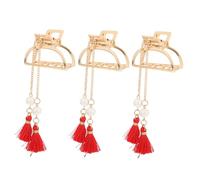 VILLFUL 3Pcs Elegant Metal Hair Claw Clips with Red Pearl Tassels for Women Flexible Hair Styling Accessories for Long Short Thick for Weddings Parties and Daily Use