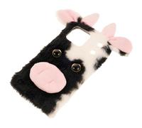 VILLFUL Furry Cow Print Phone Case for Large Screen Smartphone Soft Fuzzy Cover Winter Shockproof Protective Bumper with Precise Button Access Cute Cellphone Cover
