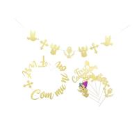 VILLFUL God Bless Baptism Party Kit with Cake Toppers and Hanging Bunting Banner Religious First Holy Communion Decorations for Boys Versatile Christening Supplies for Birthday and Wedding