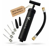 Villkin Ball Pump with Needle Compartment in Handle - 4 Metal Needles, 2 Plastic Nozzles, 1 Flexible Hose - Air Pump for Football, Basketball, Volleyball, Handball - Black