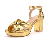 Viloporlor Women's Platform Chunky Heel Sandals Adjustable Ankle Strap Open Toe Bow Block Heel Summer Wedding Party Elegant Sandals, Golden PU, 8.5 UK