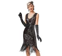 Viloree Gatsby 1920s Flapper Dress Women Vintage Sequin Fringe Beaded Art Deco Fancy Dress with Sleeve for Party Prom Black (49) M