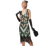 Viloree Gatsby 1920s Flapper Dress Women Vintage Sequin Fringe Beaded Art Deco Fancy Dress with Sleeve for Party Prom Gold & Green (49) S