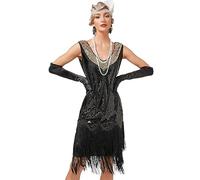 Viloree Gatsby 1920s Flapper Dress Women Vintage Sequin Fringe Beaded Art Deco Fancy Dress with Sleeve for Party Prom Black (50) 3XL