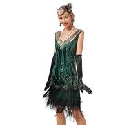 Viloree Gatsby 1920s Flapper Dress Women Vintage Sequin Fringe Beaded Art Deco Fancy Dress with Sleeve for Party Prom Green (50) M