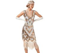Viloree Gatsby 1920s Flapper Dress Women Vintage Sequin Fringe Beaded Art Deco Fancy Dress with Sleeve for Party Prom Gold & Beige (49) M