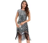 Viloree Women's 1920s Style Beaded Deco Flapper Dress Vintage Inspired Sequin Embellished Fringe Gatsby Dress Black and Silver XXL