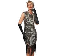 Viloree Women's 1920s Style Beaded Deco Flapper Dress Vintage Inspired Sequin Embellished Fringe Gatsby Dress Gold and Black XL