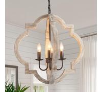 VILUXY Farmhouse Wood Chandelier Geometric Lantern Pendant Light 4-Light for Indoor Kitchen Island Dining Living Room Foyer