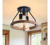 VILUXY Industrial Flush Mount Ceiling Light Fixture with Retro Wood Circle Shade for Hallway, Entryway, Bedroom, Balcony Passway 3-Light
