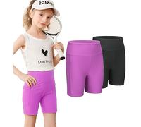 VilyR Girls 2 Pack Solid Ribbed 5" Exercise High Waisted Bike Shorts with Pockets(Black & Purple,8-9Y)