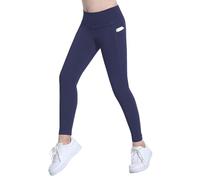 VilyR Girls' Athletic Leggings Kids High Waist Running Yoga Pants with Pockets,Navy Blue,10-11Y
