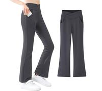 VilyR Girls Flare Leggings Cross High Waist Yoga Pants Kids Stretch Casual Dance Sports Tight Pants with Pockets,Gray,5-6Y