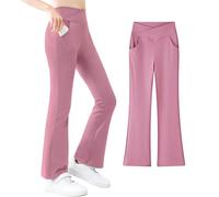 VilyR Girls Flare Leggings Cross High Waist Yoga Pants Kids Stretch Casual Dance Sports Tight Pants with Pockets,Brick Red,6-7Y