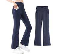 VilyR Girls Flare Leggings Cross High Waist Yoga Pants Kids Stretch Casual Dance Sports Tight Pants with Pockets,Navy Blue,10-11Y