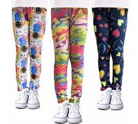 VilyR Girls Printed Leggings 3-Pack Toddler Stretch Dance Running Yoga Sports Tights Pants,Camouflage+Navy Blue Heart+Smiling Face,4-5T
