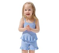 VilyR Toddler Baby Girl Summer Clothes Cotton Sleevesless T-Shirt Skirt hemline design Tops + Shorts Cute Outfits Set,Blue,6-9 Months