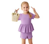 VilyR Toddler Baby Girl Summer Clothes Ribbed Knit Short Sleeves T-Shirt Skirt hemline design Tops + Shorts Cute Outfits Set,Purple,3-4Y