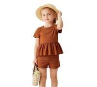 VilyR Toddler Baby Girl Summer Clothes Ribbed Knit Short Sleeves T-Shirt Skirt hemline design Tops + Shorts Cute Outfits Set,Brown,3-4Y