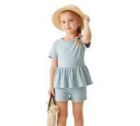 VilyR Toddler Baby Girl Summer Clothes Ribbed Knit Short Sleeves T-Shirt Skirt hemline design Tops + Shorts Cute Outfits Set,Blue,18-24M