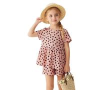 VilyR Toddler Baby Girl Summer Clothes Ribbed Knit Short Sleeves T-Shirt Skirt hemline design Tops + Shorts Cute Outfits Set,Pink,4-5Y