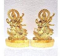 Vimal Nautical 2 Piece Metal Saraswati Idol Murti for Home Temple Puja - Gold Plated Saraswati Decorative Showpiece Statue for Home Decoration & Gifts