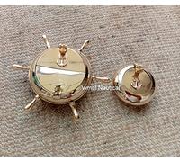 Vimal Nautical Ship Wheel and Anchor Brass Ashtray Set, Decorative Maritime Collection, Gold Finish