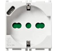 VIMAR 14210.USB Plana Socket 2 Modules SICURY 2P+T 16A 250V Universal Italian Standard P40 and USB Output Type C 5V and 3A for Fast Charging, White