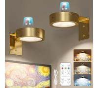 VIMAZ 2PCS Picture Lights for Wall, 2025 New Magnetic Wall Lights, Dimmable Led Rechargeable Wireless Art Picture Frame Lights for Wall with Remote, 3 Lighting Modes (Gold)