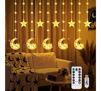 VIMAZ Ramadan Stars Moon Curtain Lights, 3M LED Fairy Lights with USB+Battery Powered & 8 Flashing Modes, Star Window Lights for Ramadan Decorations Indoor