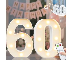Vimlits Light Up Numbers 60th Birthday Decorations, LED Number Lights Lighted Number Sign for Party Backdrop Wedding Anniversary Remote Wall Table Decor - Cool White & Warm White 60