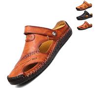 Vimlo Mutlon Sandals Men's Casual Closed Toe Leather Handmade Sandals Summer Soft Mules Mutlon Leather Classic Sandals Slipper Outdoor (Color : Red brown, Size : 47)