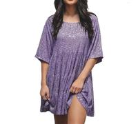 Vimlo Women Glitter Sparkly Sequin Mini Dress Half Sleeves High Waist Short Dresses Tiered Babydoll Dress Party Clubwear (Color : Purple, Size : XXL)