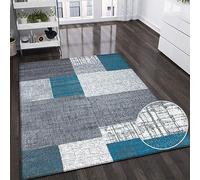 VIMODA Designer Short Pile Carpet in turquoise Blue, grey and white Tile Look Easy-care Turquoise, 200x290 cm